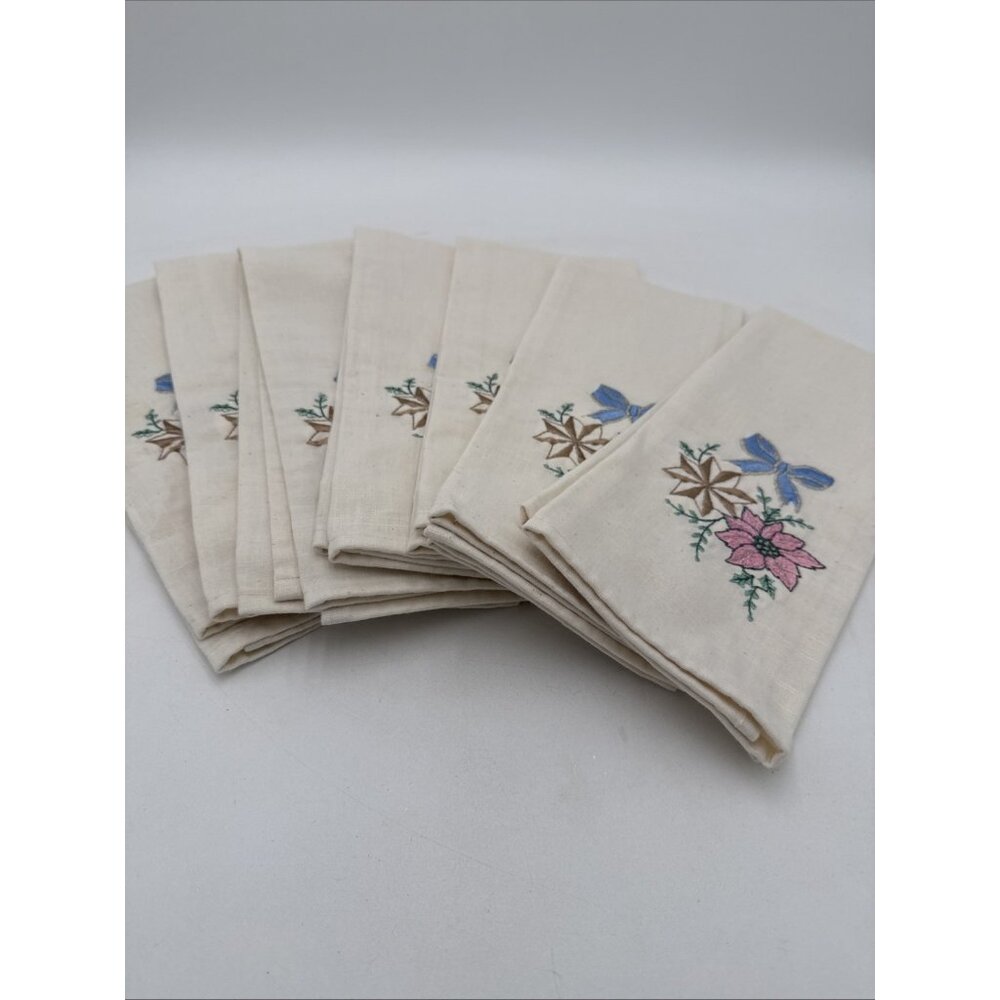 Vintage Ivory Cloth Napkins Cotton Set 7 Floral Bow Embroidered Tea Towels